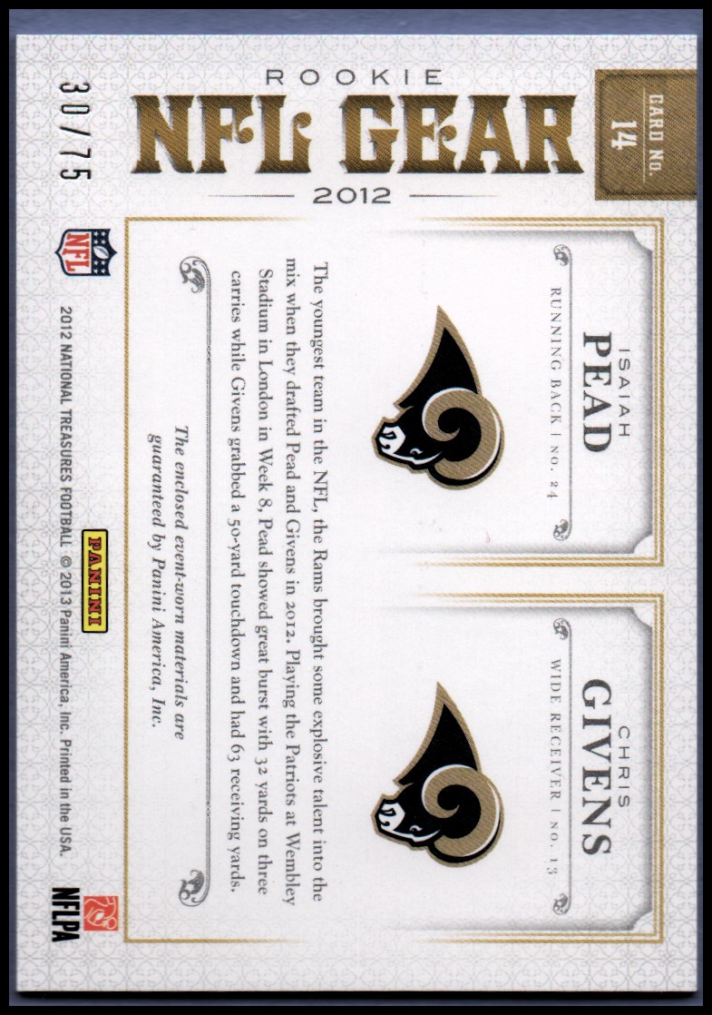 2012 Panini National Treasures NFL Gear Dual Player Materials #14 Chris Givens/Isaiah Pead back image