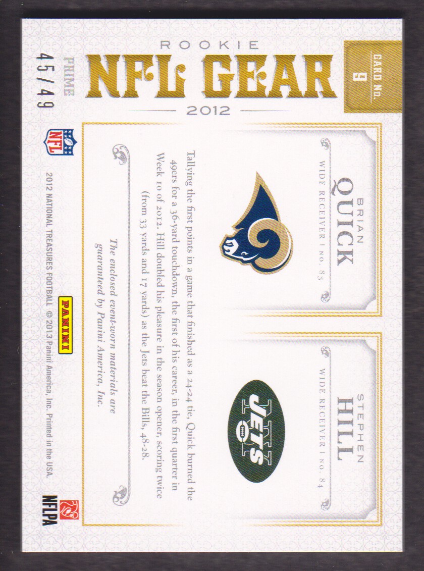 2012 Panini National Treasures NFL Gear Dual Player Materials Prime #9 Brian Quick/Stephen Hill back image