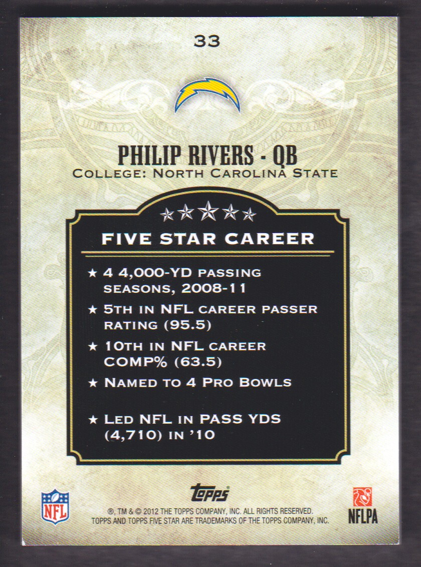 2012 Topps Five Star #33 Philip Rivers back image