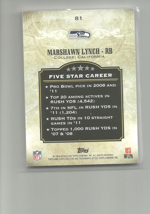2012 Topps Five Star #81 Marshawn Lynch back image