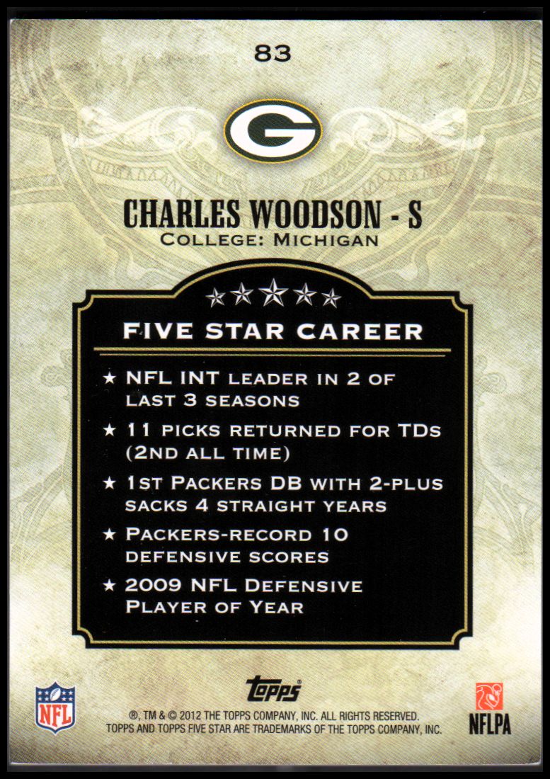 2012 Topps Five Star #83 Charles Woodson back image