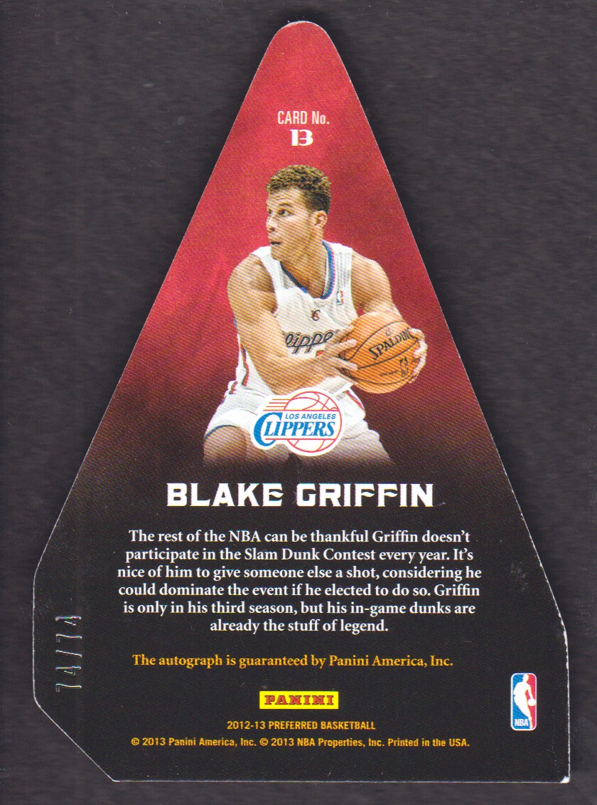 2012-13 Panini Preferred #13 Blake Griffin PC AU/74 EXCH back image