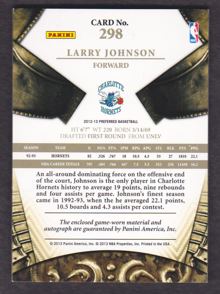 2012-13 Panini Preferred #298 Larry Johnson SL JSY AU/25 back image