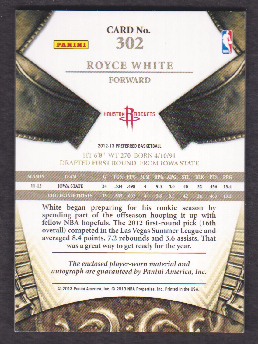 2012-13 Panini Preferred #302 Royce White SL JSY AU/99 back image