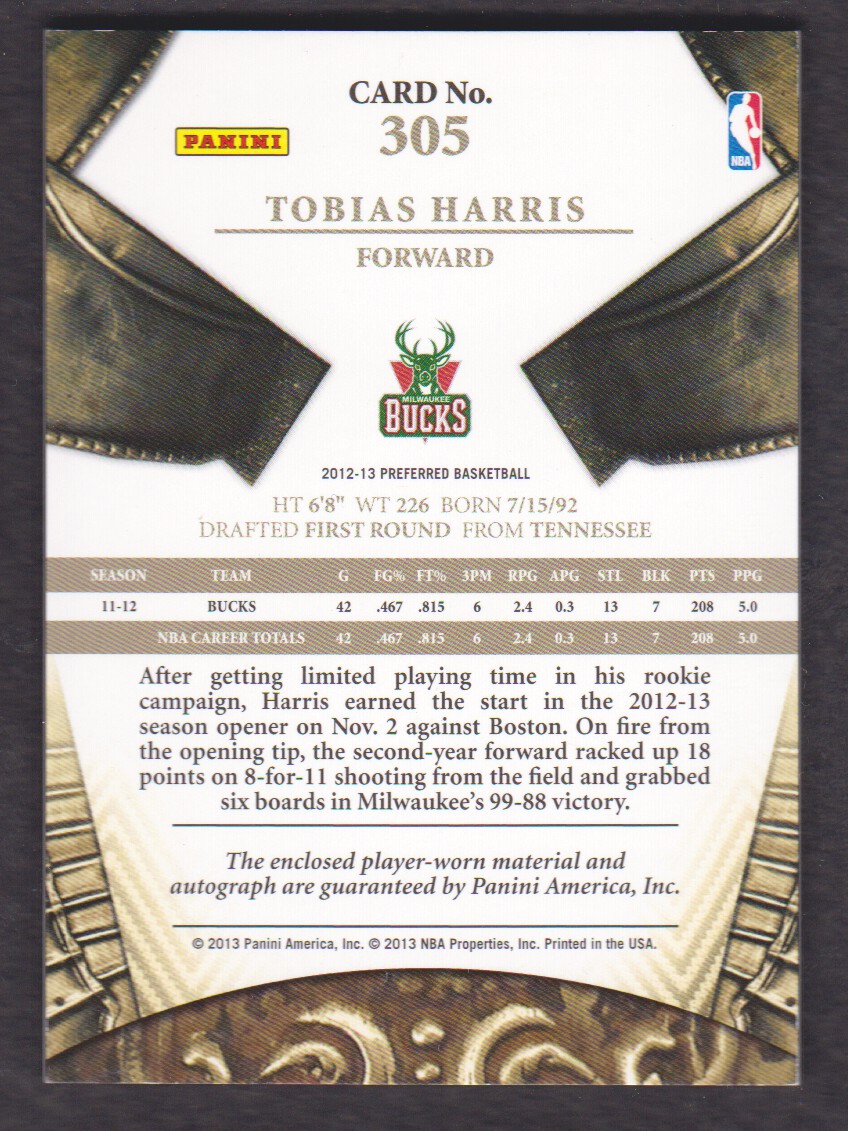2012-13 Panini Preferred #305 Tobias Harris SL JSY AU/99 back image
