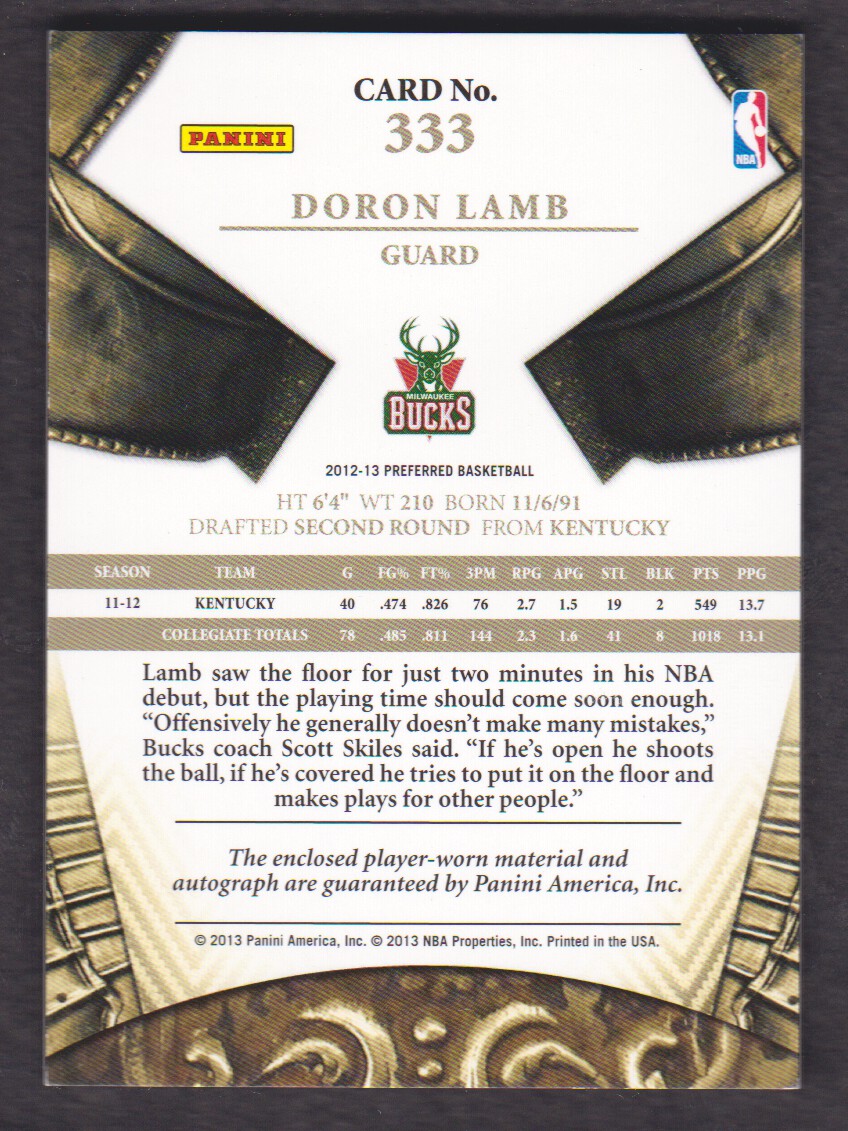 2012-13 Panini Preferred #333 Doron Lamb SL JSY AU/99 back image