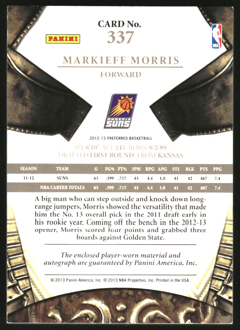 2012-13 Panini Preferred #337 Markieff Morris SL JSY AU/99 back image