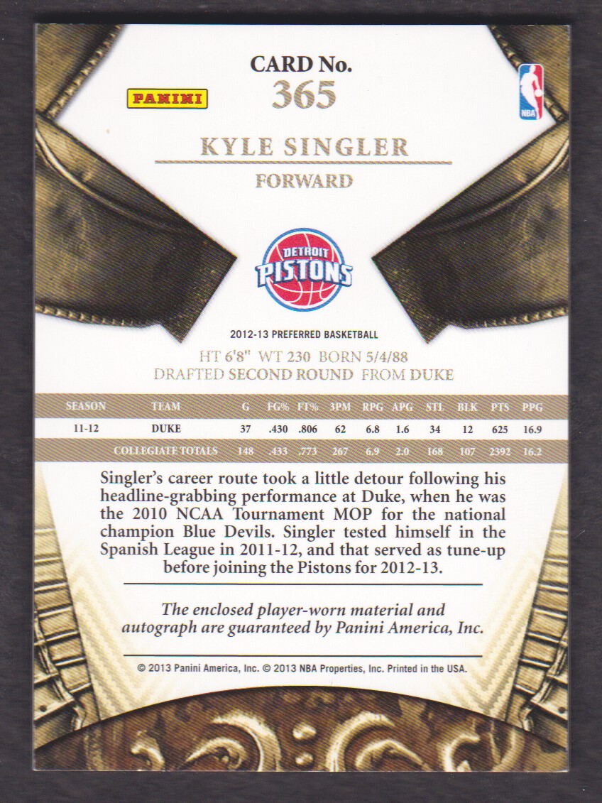 2012-13 Panini Preferred #365 Kyle Singler SL JSY AU/99 back image