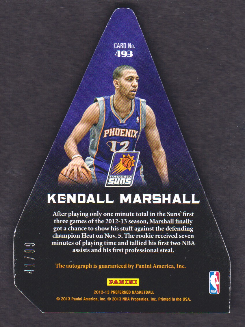2012-13 Panini Preferred #493 Kendall Marshall PC AU/99 back image