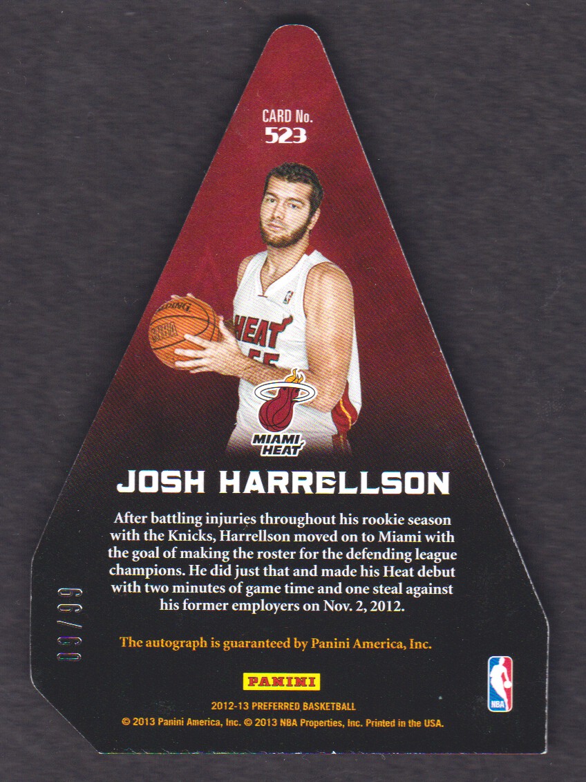 2012-13 Panini Preferred #523 Josh Harrellson PC AU/99 EXCH back image