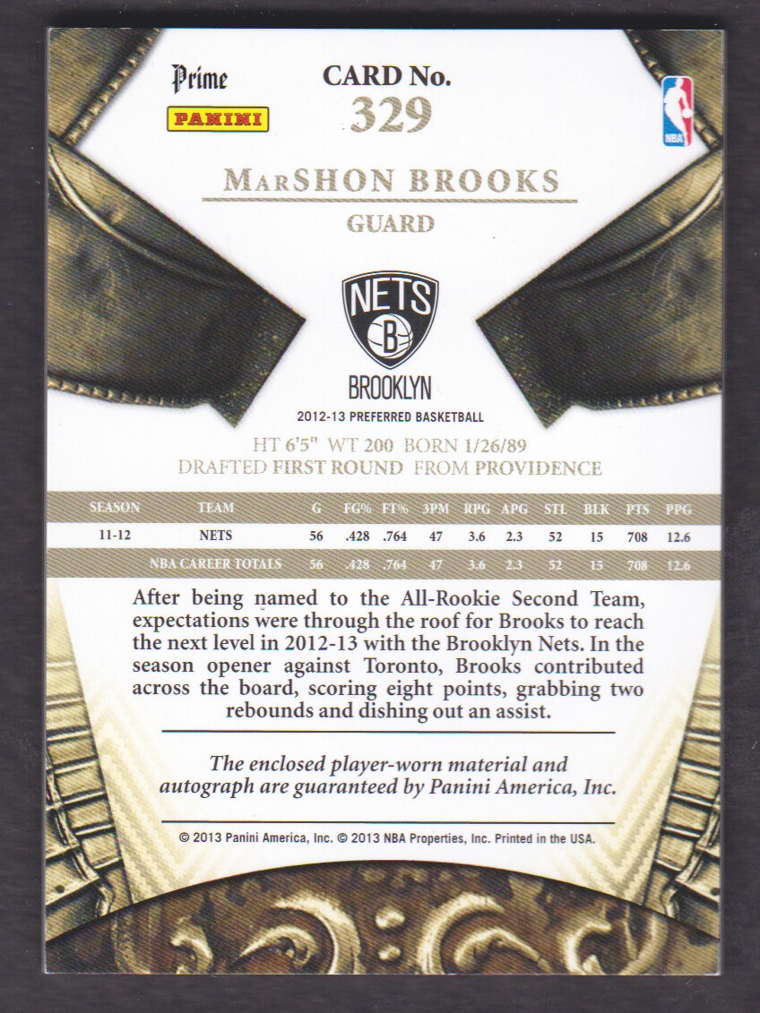 2012-13 Panini Preferred Silhouettes Prime #329 MarShon Brooks/25 back image