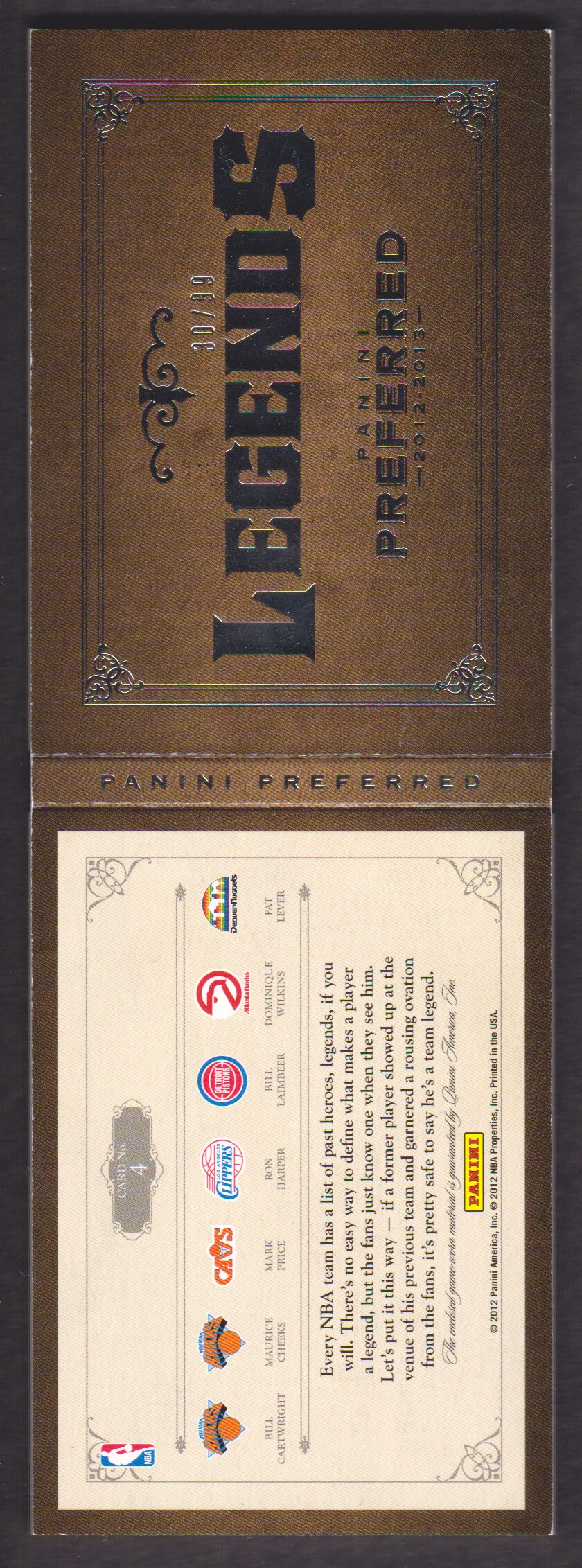 2012-13 Panini Preferred Legends Memorabilia #4 Bill Cartwright/99/Maurice Cheeks/Mark Price/Bill Laimbeer/Ron Harper/Dominique Wilkins/Fat Lever back image