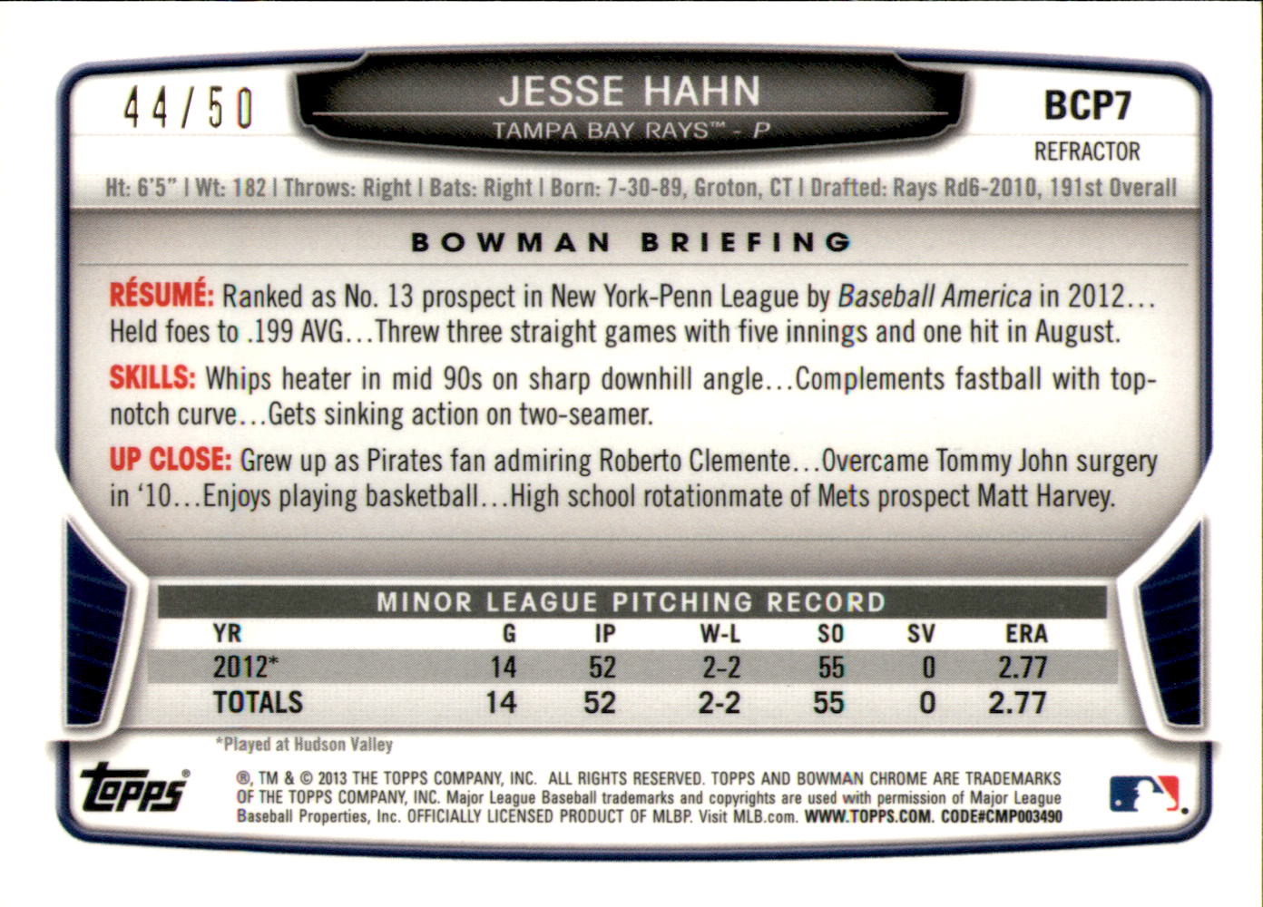 2013 Bowman Chrome Prospects Gold Refractors #BCP7 Jesse Hahn back image