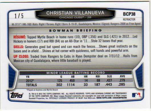 2013 Bowman Chrome Prospects Red Refractors #BCP38 Christian Villanueva back image