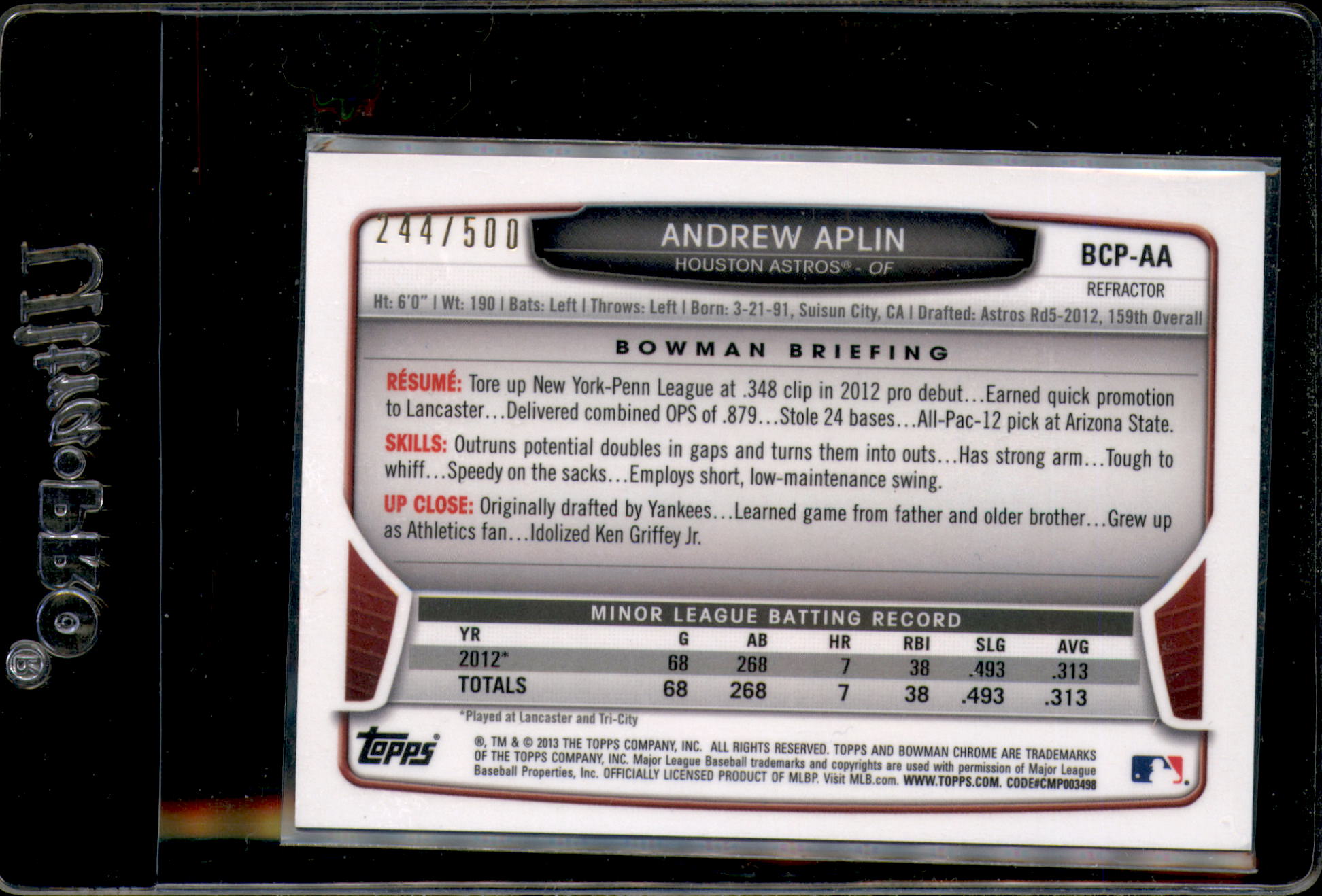 2013 Bowman Chrome Prospect Autographs Refractors #AA Andrew Aplin back image