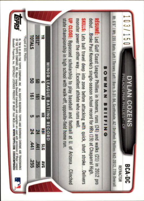 2013 Bowman Chrome Prospect Autographs Blue Refractors #DC Daniel Corcino