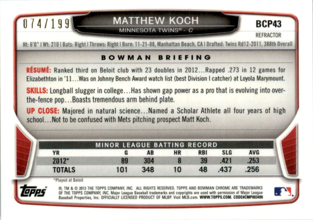 2013 Bowman Chrome Prospects Purple Refractors #BCP43 Matthew Koch