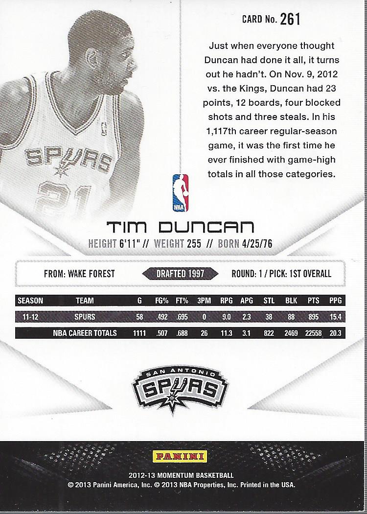 2012-13 Momentum #261 Tim Duncan back image