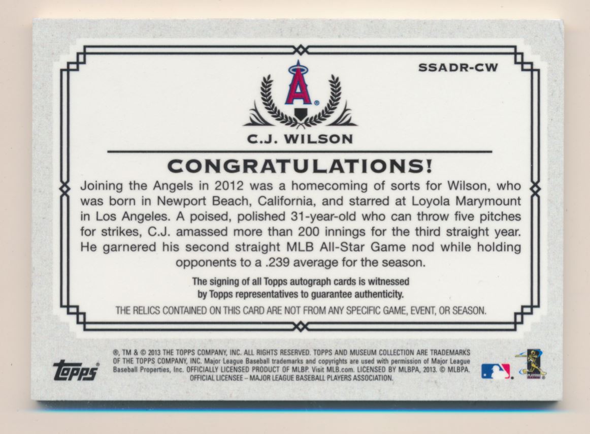 2013 Topps Museum Collection Signature Swatches Dual Relic Autographs #CW C.J. Wilson/50