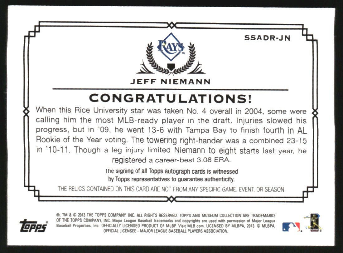 2013 Topps Museum Collection Signature Swatches Dual Relic Autographs #JN Jeff Niemann/299
