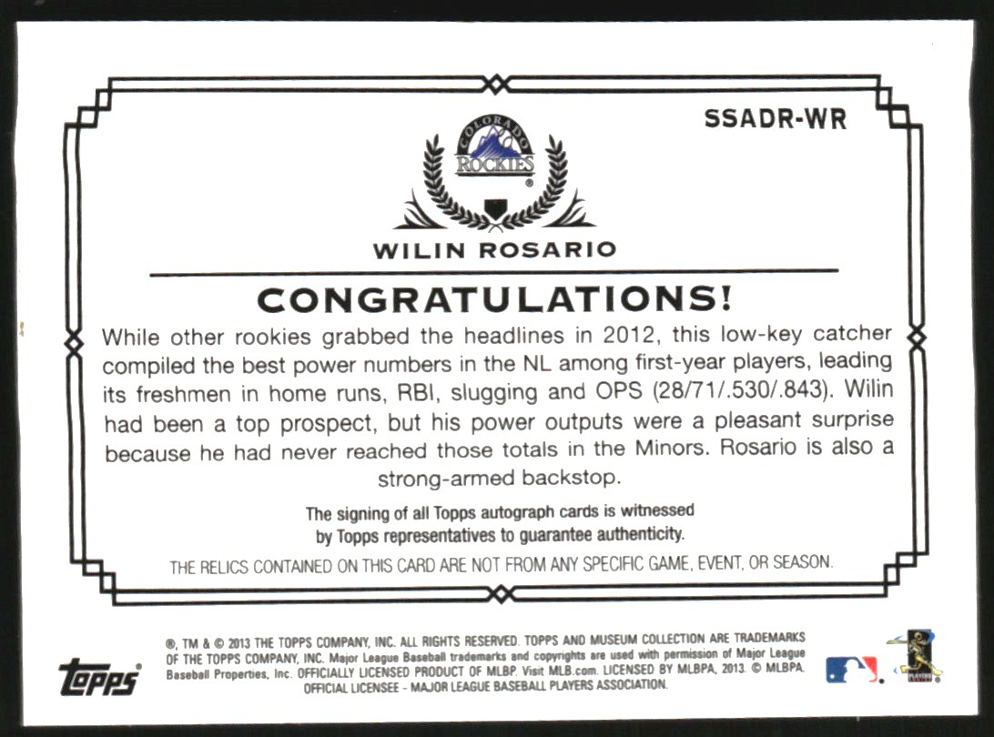 2013 Topps Museum Collection Signature Swatches Dual Relic Autographs #WR Wilin Rosario/299