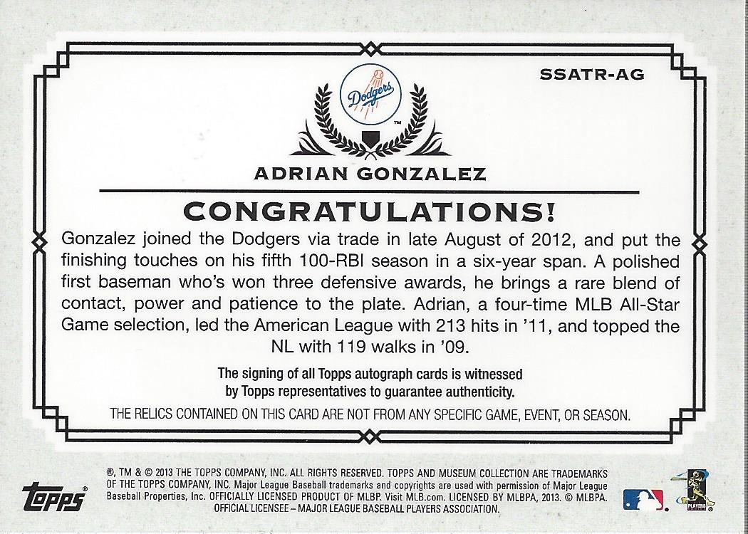 2013 Topps Museum Collection Signature Swatches Triple Relic Autographs #AG Adrian Gonzalez/50 back image