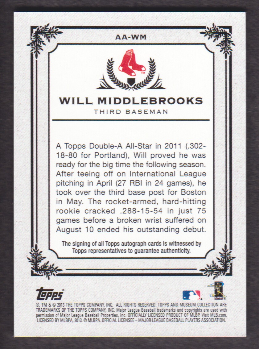 2013 Topps Museum Collection Autographs #WM Will Middlebrooks/399 back image