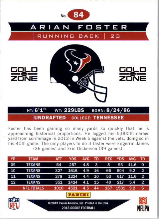 2013 Score Gold Zone #84 Arian Foster back image