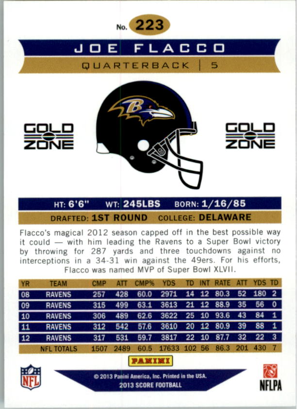 2013 Score Gold Zone #223 Joe Flacco AM back image