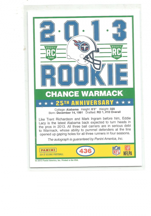 2013 Score Rookie Signatures Blue #436 Chance Warmack back image