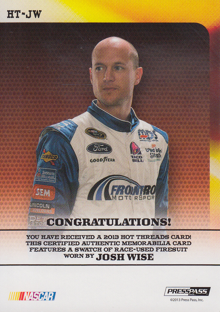 2013 Press Pass Ignite Hot Threads Silver #HTJW Josh Wise back image