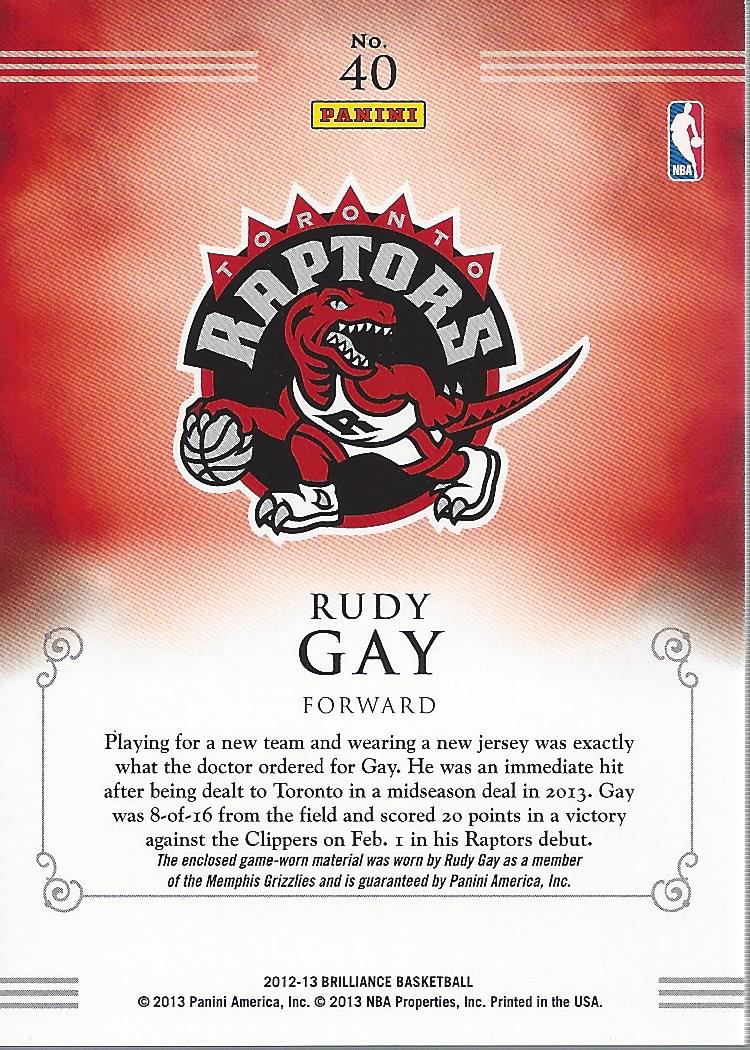 2012-13 Panini Brilliance Game Time Jerseys #40 Rudy Gay back image