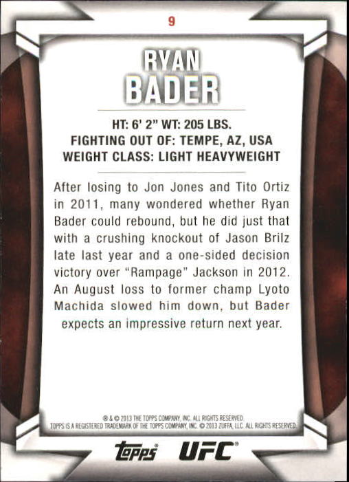 2013 Topps UFC Knockout Gold #9 Ryan Bader back image
