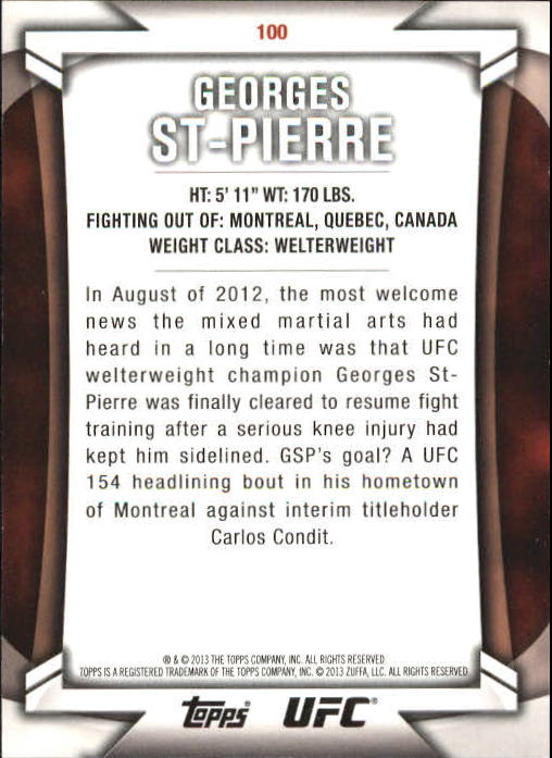 2013 Topps UFC Knockout Gold #100 Georges St-Pierre back image