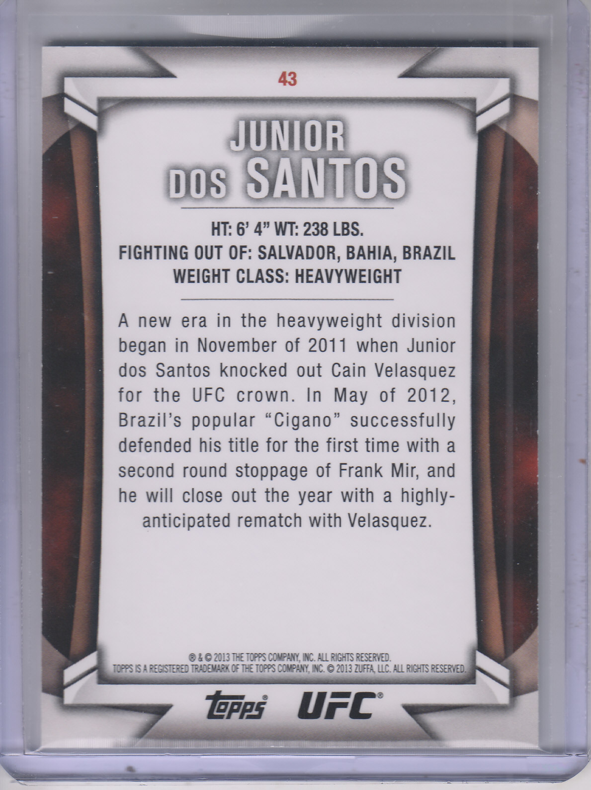 2013 Topps UFC Knockout Green #43 Junior dos Santos back image