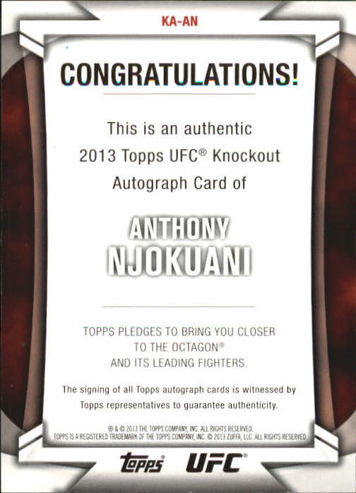 2013 Topps UFC Knockout Autographs #KAAN Anthony Njokuani/209 back image
