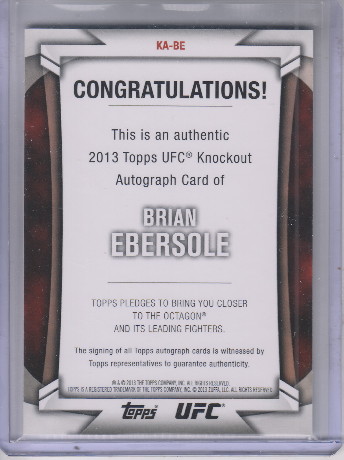 2013 Topps UFC Knockout Autographs #KABE Brian Ebersole/209 back image