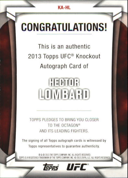 2013 Topps UFC Knockout Autographs #KAHL Hector Lombard/180 back image