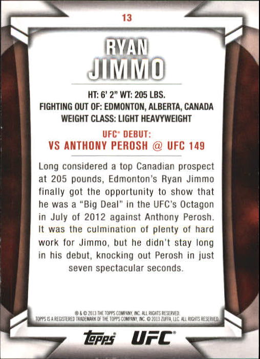 2013 Topps UFC Knockout Blue #13 Ryan Jimmo back image