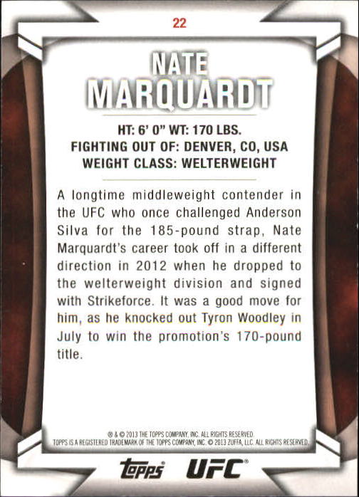 2013 Topps UFC Knockout Blue #22 Nate Marquardt back image