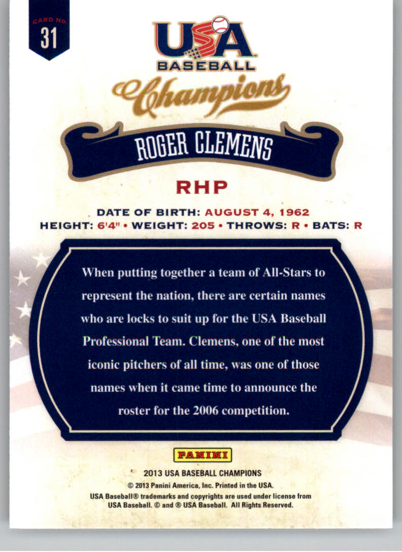 2013 USA Baseball Champions #31 Roger Clemens back image