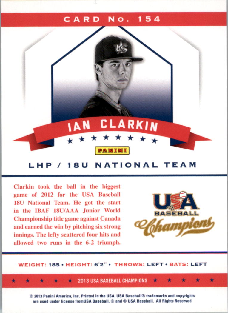 2013 USA Baseball Champions #154 Ian Clarkin back image