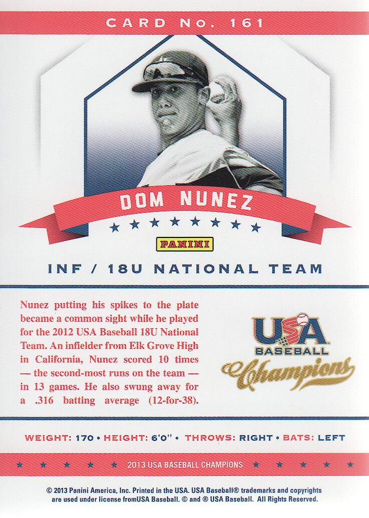 2013 USA Baseball Champions #161 Dom Nunez back image