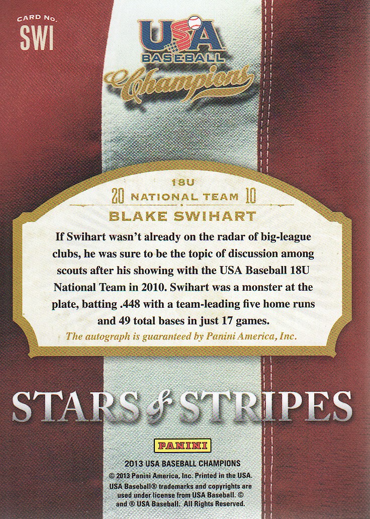 2013 USA Baseball Champions Stars and Stripes Signatures #19 Blake Swihart/792 back image