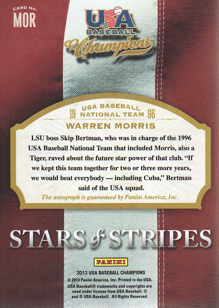 2013 USA Baseball Champions Stars and Stripes Signatures #42 Warren Morris/473 back image