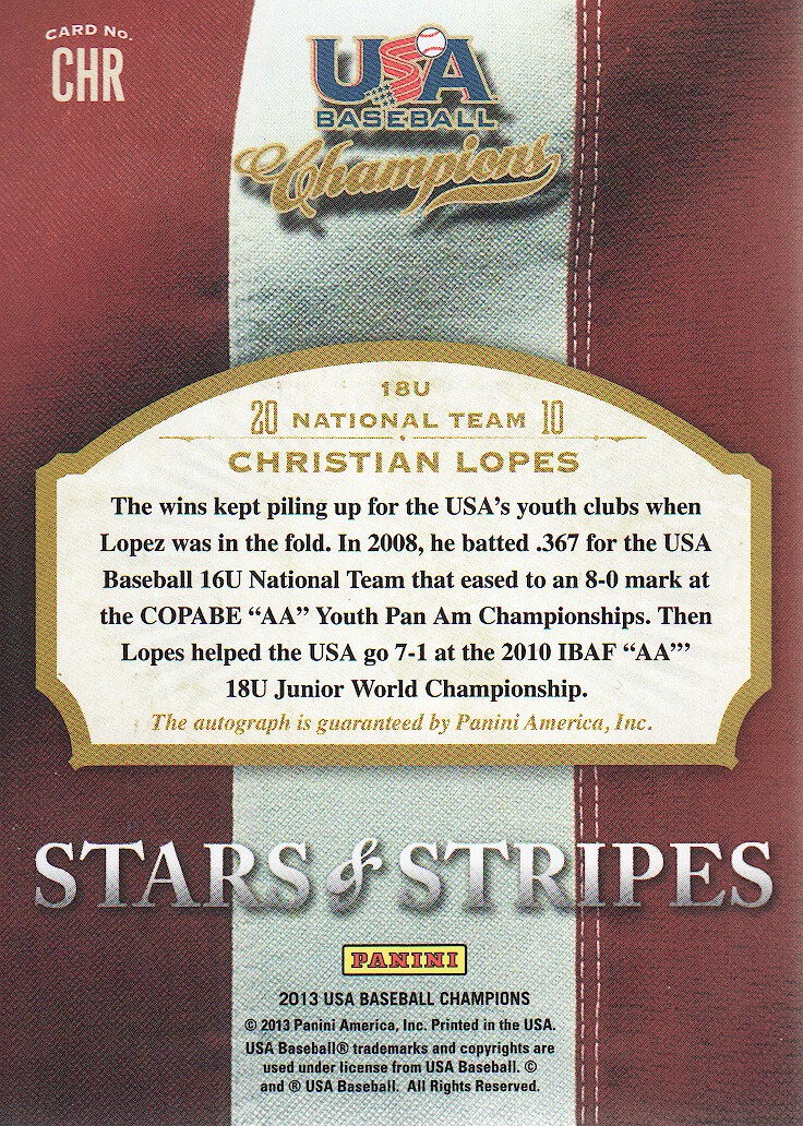 2013 USA Baseball Champions Stars and Stripes Signatures #65 Christian Lopes/672 back image