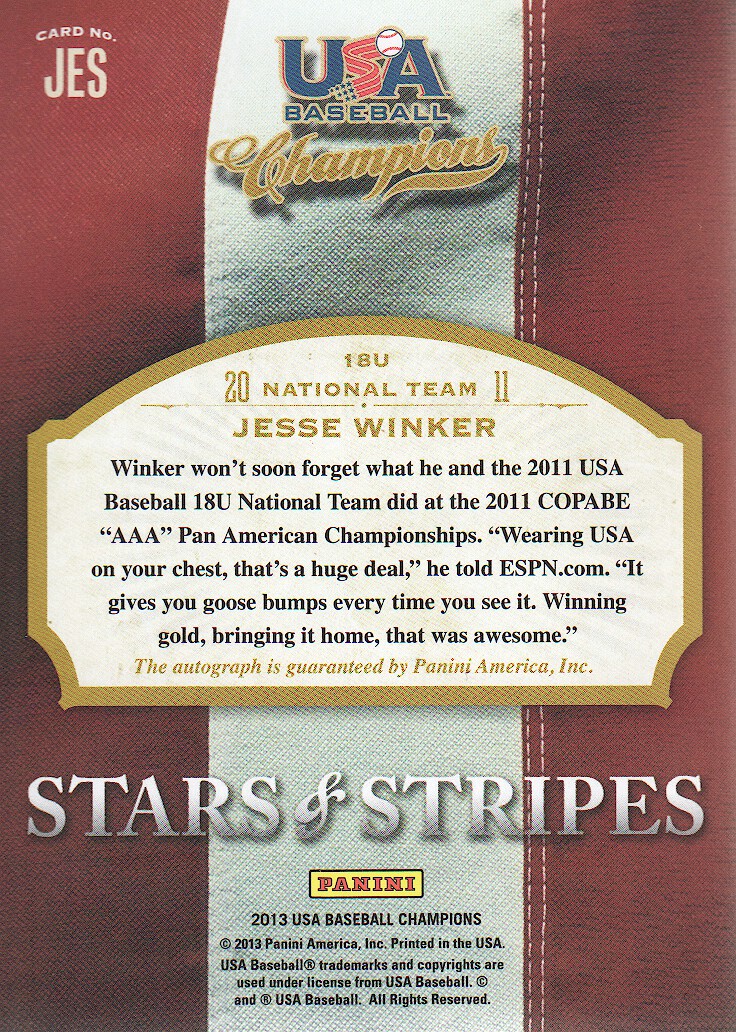2013 USA Baseball Champions Stars and Stripes Signatures #93 Jesse Winker/625 back image