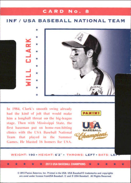 2013 USA Baseball Champions Legends Certified Die-Cuts #8 Will Clark back image