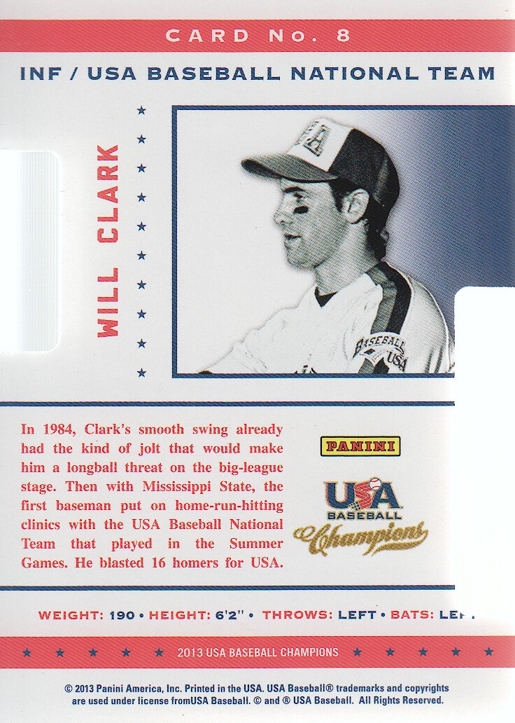2013 USA Baseball Champions Legends Certified Die-Cuts #8 Will Clark back image