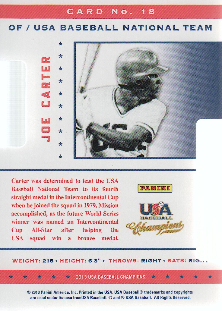 2013 USA Baseball Champions Legends Certified Die-Cuts #18 Joe Carter back image